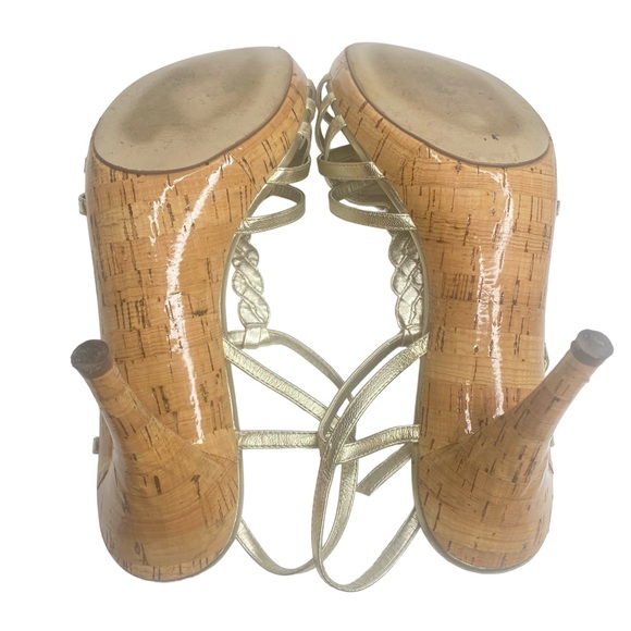 Lauren Ralph Lauren Trina Gold Metallic Multi T strap cork sole heel size 9 - Picture 9 of 10